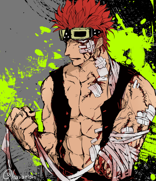 Anime picture 700x812 with one piece toei animation eustass kid lasvation single tall image looking at viewer short hair signed upper body red hair twitter username muscle goggles on head abs injury spoilers amputee boy bandage (bandages)