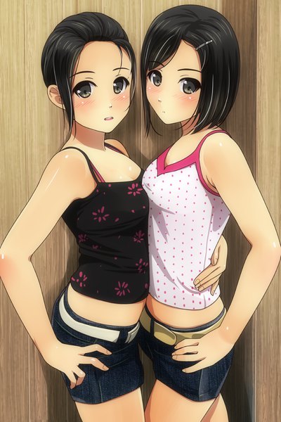 Anime picture 800x1200 with original matsunaga kouyou tall image looking at viewer blush fringe short hair open mouth black hair bare shoulders multiple girls parted lips black eyes hand on hip hug girl 2 girls shorts short shorts bobby pin