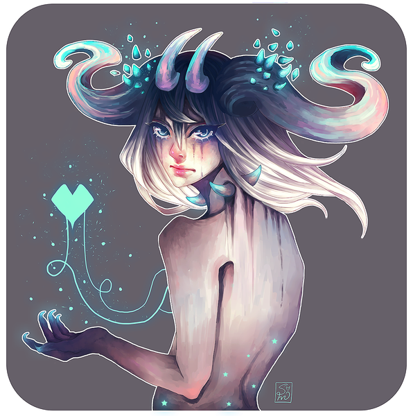 Anime picture 1280x1289 with original sea of diamonds single long hair tall image fringe blue eyes black hair simple background hair between eyes upper body white hair horn (horns) grey background turning head gradient hair topless bare back grey skin boy
