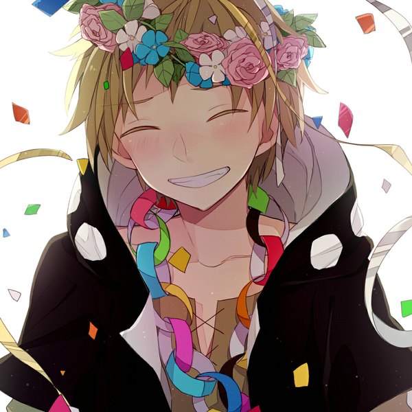 Anime picture 1000x1000 with kagerou project shaft (studio) kano shuuya hoshiyui tsukino (artist) single blush short hair blonde hair smile white background eyes closed open clothes open jacket boy flower (flowers) paper wreath