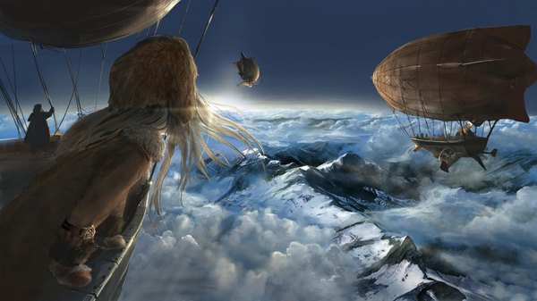 Anime picture 1000x563 with original you shimizu long hair wide image looking away silver hair cloud (clouds) mountain landscape scenic girl hat aircraft rope airship dirigible