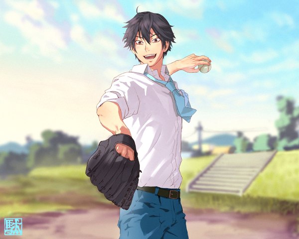 Anime picture 1280x1024 with ookiku furikabutte a-1 pictures takaya abe da kata single open mouth black hair baseball boy shirt necktie belt pants single glove