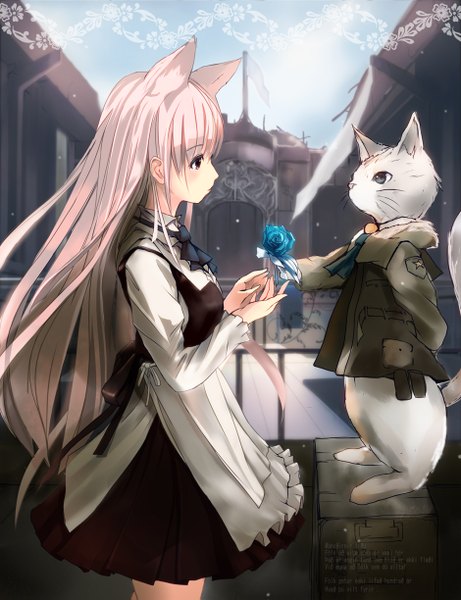 Anime picture 940x1223 with original h016 long hair tall image blush blonde hair standing holding brown eyes animal ears looking away sky long sleeves cat ears grey eyes girl dress uniform flower (flowers) bow