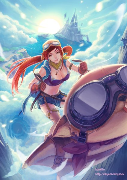 Anime picture 1500x2122 with original kankito long hair tall image looking at viewer sky cloud (clouds) wind orange hair orange eyes girl gloves animal shorts belt sea pendant thigh boots chain goggles