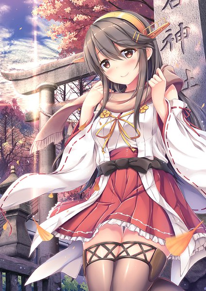 Anime picture 707x1000 with kantai collection haruna battleship shirakawako single long hair tall image looking at viewer blush fringe black hair smile hair between eyes brown eyes sky cloud (clouds) traditional clothes girl thighhighs hair ornament plant (plants)