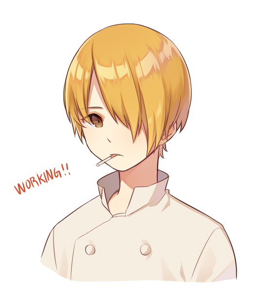 Anime picture 808x918 with working!! a-1 pictures satou jun sal single tall image fringe short hair blonde hair simple background white background holding brown eyes hair over one eye copyright name mouth hold portrait chef boy uniform