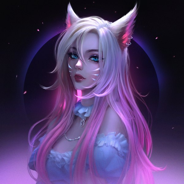Anime picture 2883x2883 with league of legends k/da (league of legends) ahri (league of legends) k/da ahri alisa nilsen single long hair looking at viewer fringe highres blue eyes blonde hair hair between eyes animal ears pink hair upper body multicolored hair lips realistic two-tone hair