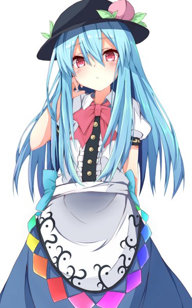 Anime picture 1000x1600 with touhou scarlet weather rhapsody hinanawi tenshi nankotsu single long hair tall image looking at viewer blush fringe simple background hair between eyes red eyes standing white background blue hair arm behind back girl hat fruit