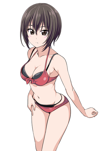 Anime picture 1200x1784 with girls und panzer nishizumi maho hiroyuki single tall image blush fringe short hair breasts light erotic simple background hair between eyes brown hair white background brown eyes from above hand on hip groin front-tie top girl