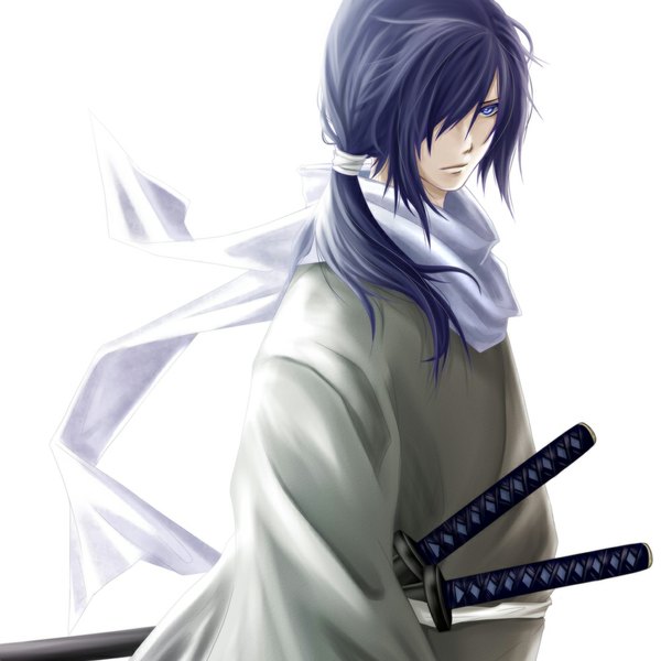 Anime picture 1000x1000 with hakuouki shinsengumi kitan studio deen saito hajime black7227 single long hair fringe simple background white background purple eyes purple hair ponytail hair over one eye boy weapon sword scarf katana