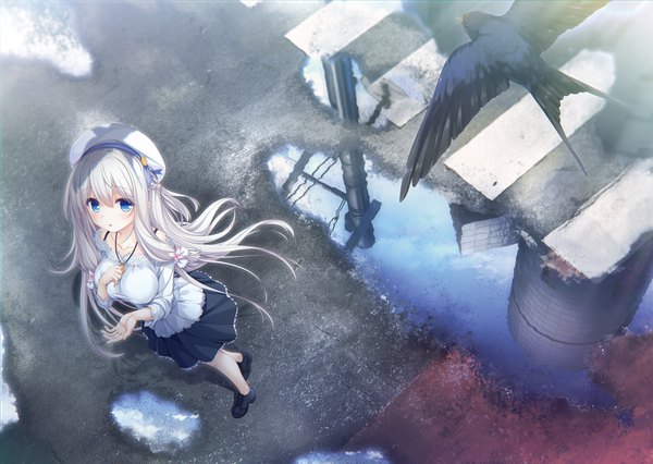 Anime picture 3960x2817 with pieces/wataridori no somnium kimihara yua mikagami mamizu single long hair looking at viewer blush fringe highres breasts blue eyes hair between eyes large breasts standing absurdres silver hair full body outdoors from above hand on chest