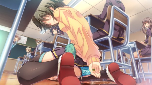 Anime picture 2560x1440 with otome switch blush highres short hair light erotic wide image sitting multiple girls game cg ass eyes closed multiple boys embarrassed classroom peeing girl thighhighs boy skirt uniform
