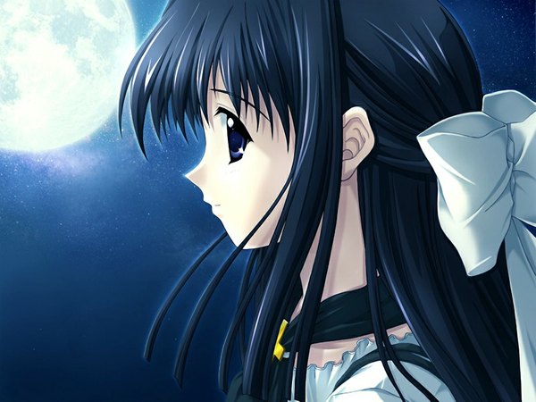 Anime picture 1024x768 with suika (game) shirakawa sayaka long hair black hair game cg profile black eyes night half updo girl bow hair bow moon