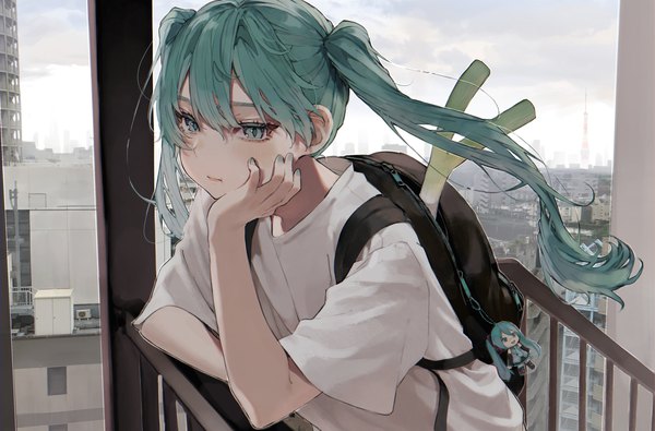 Anime picture 3282x2160 with vocaloid hatsune miku daluto (hitomi555) single long hair looking at viewer blush fringe highres hair between eyes twintails absurdres upper body nail polish aqua eyes fingernails aqua hair short sleeves city cityscape