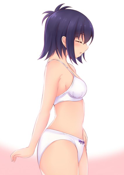Anime picture 1001x1413 with gabriel dropout doga kobo tsukinose vignette april karuba (therace) single tall image blush fringe short hair breasts light erotic simple background hair between eyes standing white background bare shoulders ahoge eyes closed parted lips profile