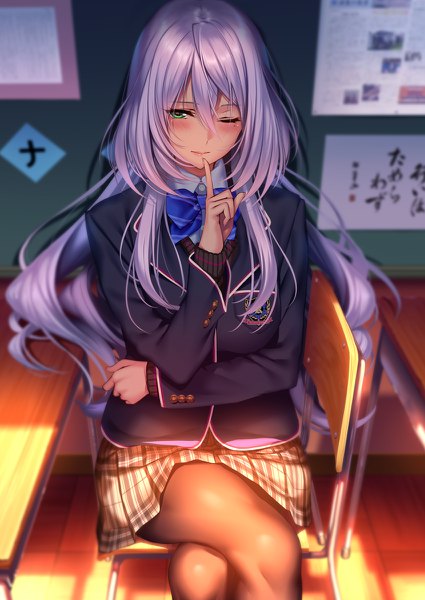 Anime picture 850x1200 with hanikami kanojo amagasa tsuzuri piromizu single long hair tall image looking at viewer blush fringe hair between eyes sitting green eyes purple hair indoors pleated skirt one eye closed wink sunlight mole depth of field