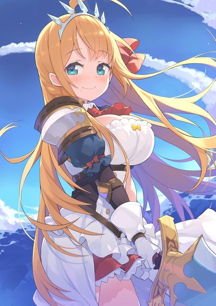 Anime picture 2315x3274 with princess connect! re:dive princess connect! pecorine (princess connect!) tam-u single long hair tall image looking at viewer blush highres breasts blue eyes light erotic blonde hair smile large breasts sky cleavage ahoge wind