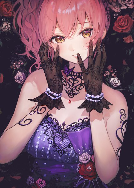 Anime picture 2495x3490 with idolmaster idolmaster cinderella girls jougasaki mika takeashiro single tall image looking at viewer blush fringe highres short hair breasts hair between eyes yellow eyes payot pink hair cleavage upper body parted lips head tilt