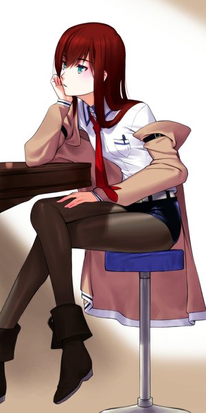 Anime picture 525x1050 with steins;gate white fox makise kurisu sakamoto mineji long hair tall image looking at viewer blue eyes simple background white background sitting looking away red hair open clothes open jacket crossed legs gradient background brown background girl pantyhose