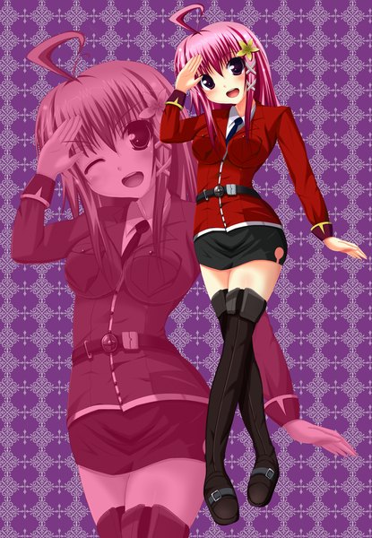 Anime picture 872x1260 with gorikeruka single long hair tall image blush open mouth smile red eyes pink hair one eye closed wink salute girl skirt miniskirt boots thigh boots