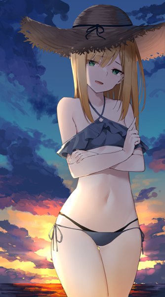 Anime picture 1409x2530 with fate (series) fate/grand order lord el-melloi ii case files reines el-melloi archisorte yuuuuu single long hair tall image fringe open mouth light erotic blonde hair hair between eyes standing green eyes looking away sky cloud (clouds) head tilt thigh gap