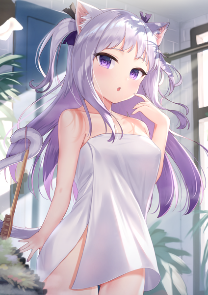 Anime picture 1447x2047 with original tsukiman single long hair tall image looking at viewer blush fringe breasts open mouth light erotic standing purple eyes animal ears silver hair indoors tail blunt bangs animal tail cat ears