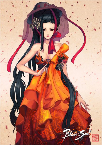 Anime picture 1024x1454 with blade & soul tagme (character) r.alnilam single tall image looking at viewer black hair red eyes bare shoulders cleavage very long hair traditional clothes mole mole under eye korean clothes girl dress headdress