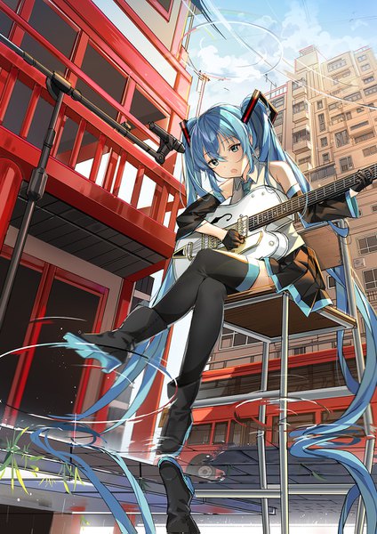 Anime picture 1000x1415 with vocaloid hatsune miku dr poapo single tall image fringe open mouth blue eyes hair between eyes sitting twintails blue hair sky cloud (clouds) full body bent knee (knees) outdoors very long hair head tilt pleated skirt