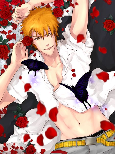 Anime picture 1500x2000 with bleach studio pierrot kurosaki ichigo hiroto touya single tall image looking at viewer short hair open mouth light erotic smile brown eyes lying orange hair boy navel flower (flowers) shirt petals belt