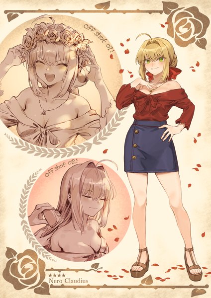 Anime picture 1447x2047 with fate (series) fate/grand order fate/extra nero claudius (fate) (all) nero claudius (fate) mashuu (neko no oyashiro) long hair tall image looking at viewer fringe short hair breasts open mouth simple background blonde hair smile hair between eyes bare shoulders green eyes payot