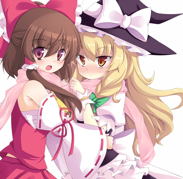 Anime picture 1300x1270 with touhou hakurei reimu kirisame marisa kazami chiu long hair looking at viewer blush blonde hair red eyes brown hair multiple girls orange eyes witch shared scarf girl skirt bow 2 girls hair bow detached sleeves