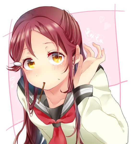 Anime picture 1127x1192 with love live! sunshine!! sunrise (studio) love live! sakurauchi riko shuga (0329tixi) single long hair tall image looking at viewer blush fringe simple background yellow eyes payot upper body red hair half updo food in mouth incoming pocky kiss girl