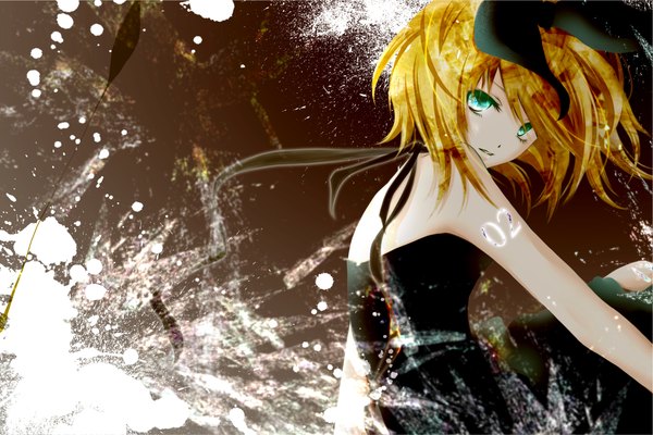 Anime picture 1300x867 with vocaloid kagamine rin aonoe single short hair blonde hair bare shoulders green eyes girl dress