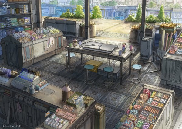 Anime picture 1300x920 with original k kanehira watermark no people futuristic food sweets chair table box convenience store