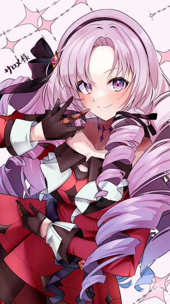 Anime picture 1080x1920 with virtual youtuber nijisanji hyakumantenbara salome hyakumantenbara salome (1st costume) hiragana sherry single long hair tall image looking at viewer smile purple eyes purple hair character names drill hair girl dress gloves ribbon (ribbons) hair ribbon black gloves