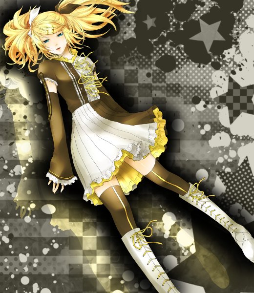 Anime picture 1040x1200 with vocaloid meltdown (vocaloid) kagamine rin fira yuki (artist) single long hair tall image blue eyes simple background blonde hair twintails alternate hairstyle checkered background girl thighhighs dress skirt ribbon (ribbons) detached sleeves star (symbol)