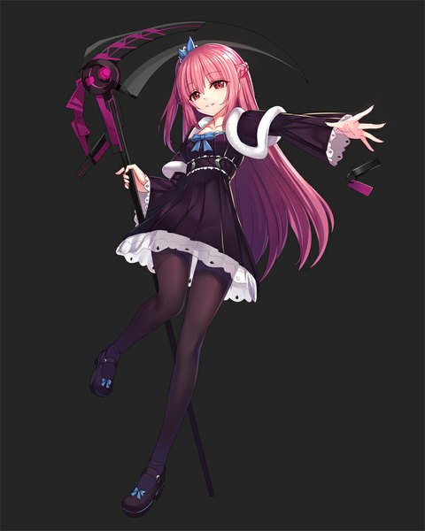 Anime picture 800x1000 with original emily stock ririko (zhuoyandesailaer) single long hair tall image looking at viewer pink hair pink eyes one side up dark background girl dress weapon pantyhose black pantyhose scythe