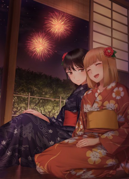 Anime picture 2273x3142 with original asaba0327 long hair tall image blush fringe highres short hair open mouth black hair smile brown hair sitting multiple girls brown eyes blunt bangs eyes closed traditional clothes japanese clothes hair flower