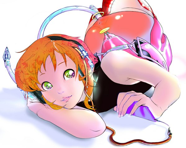 Anime picture 1000x799 with original senkawa single short hair open mouth bare shoulders holding green eyes pink hair lying nail polish multicolored hair orange hair shadow on stomach girl headphones wire (wires) digital media player