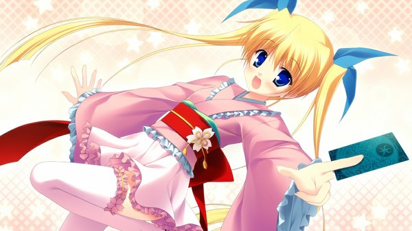Anime picture 1024x576 with da capo yoshino sakura single long hair blush open mouth blue eyes blonde hair wide image twintails game cg girl thighhighs white thighhighs