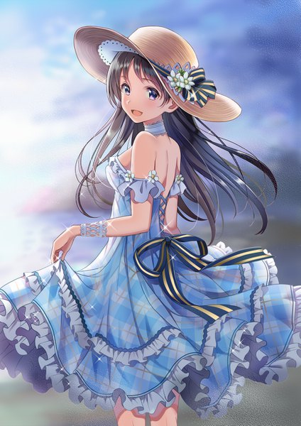 Anime picture 867x1227 with original yatomi single long hair tall image looking at viewer blush fringe breasts open mouth black hair smile hair between eyes standing purple eyes bare shoulders sky cloud (clouds) outdoors :d