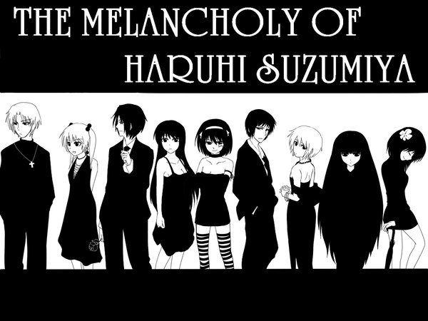 Anime picture 1024x768 with suzumiya haruhi no yuutsu kyoto animation suzumiya haruhi nagato yuki asahina mikuru kyon koizumi itsuki suou kuyou sasaki tachibana kyouko fujiwara (shny) monochrome gothic high contrast girl