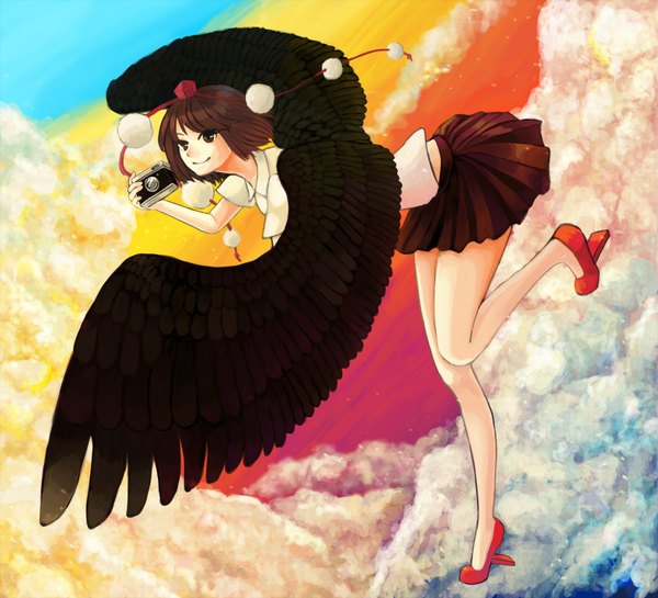 Anime picture 1650x1500 with touhou shameimaru aya single short hair smile brown hair brown eyes looking away cloud (clouds) flying bent over tengu girl skirt hat shirt wings camera youkai