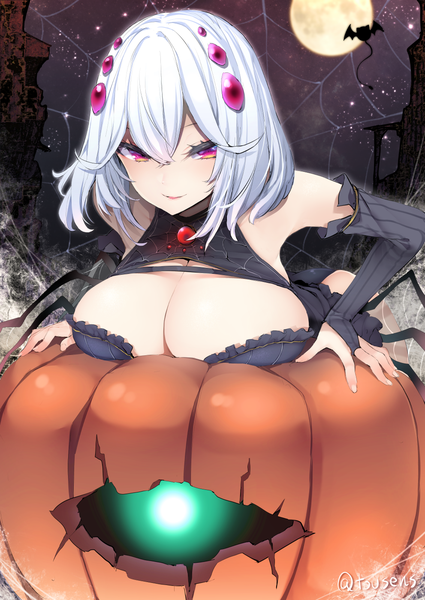 Anime picture 991x1400 with virtual youtuber indie virtual youtuber ranea argent tousen single tall image looking at viewer fringe short hair breasts light erotic hair between eyes large breasts signed cleavage silver hair pink eyes twitter username halloween girl