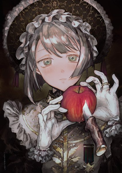 Anime picture 1190x1684 with original ueno zousui single tall image looking at viewer blush short hair holding green eyes upper body grey hair girl gloves hat white gloves ring fruit knife apple