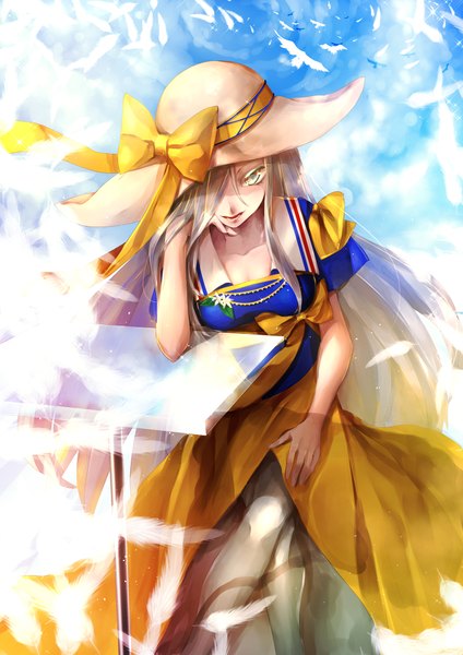 Anime picture 1500x2122 with original orangina yamaki suzume single long hair tall image looking at viewer fringe blonde hair yellow eyes hair over one eye crossed legs flag print girl dress bow hat animal bird (birds) feather (feathers)