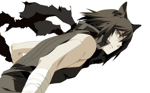 Anime picture 978x605 with lamento nitro+chiral asato misteor single fringe short hair black hair simple background wide image white background bare shoulders animal ears upper body parted lips cat ears grey eyes torn clothes turning head boy