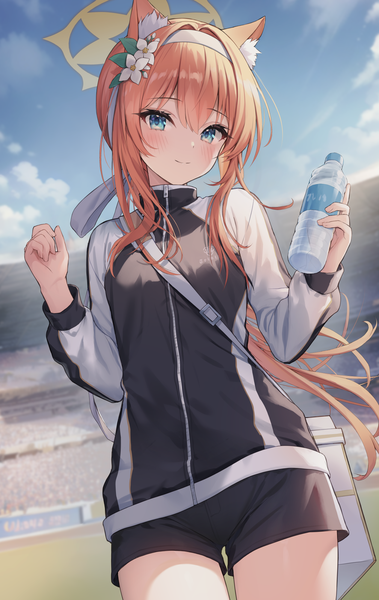 Anime picture 1265x2000 with blue archive mari (blue archive) mari (gym uniform) (blue archive) kuro futoshi single long hair tall image fringe blue eyes smile hair between eyes animal ears sky cloud (clouds) outdoors hair flower orange hair from below official alternate costume low ponytail