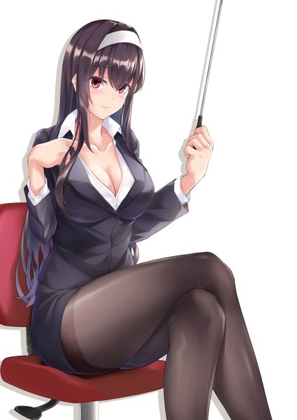 Anime picture 4299x6071 with saenai heroine no sodatekata a-1 pictures kasumigaoka utaha rebutsu single long hair tall image looking at viewer blush fringe highres breasts light erotic black hair simple background hair between eyes red eyes large breasts white background sitting