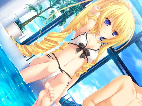 Anime picture 1600x1200 with neko koi! whirlpool (studio) koshimizu rei mikagami mamizu long hair blue eyes light erotic blonde hair game cg drill hair girl swimsuit bikini white bikini